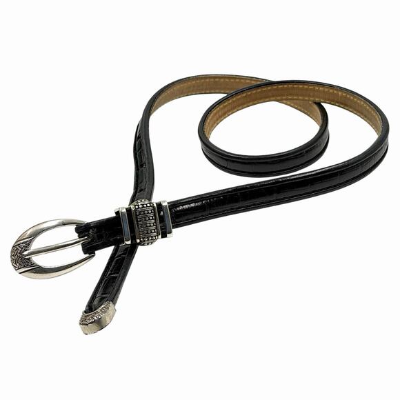 VTG BRIGHTON LEATHER SKINNY BELT WESTERN BOHO CLASSIC PREPPY BLACK SILVER SZ 32 - Picture 1 of 5